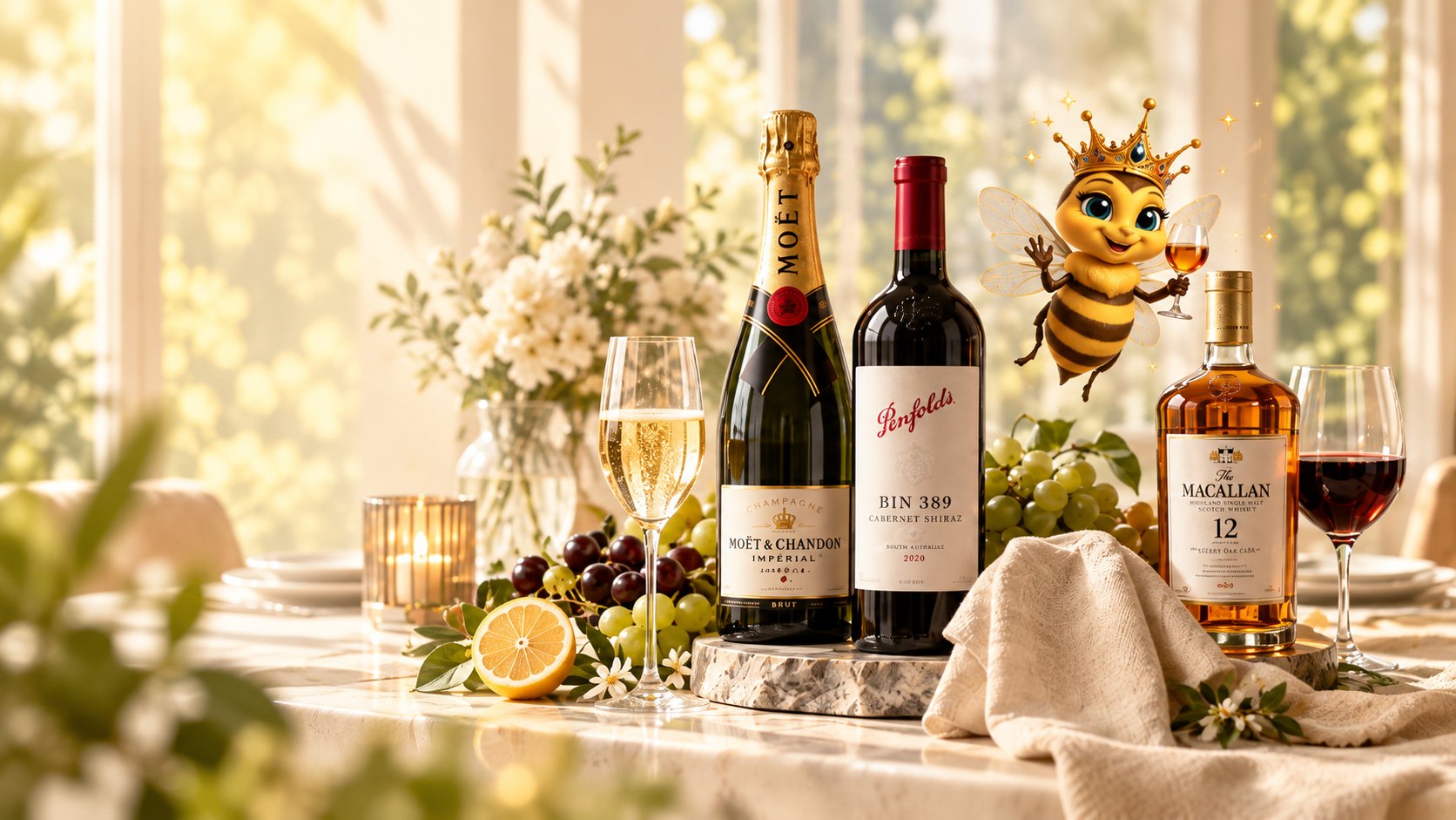 A sunlit table set with Champagne, red wine and whisky, the Beeva queen bee raising a glass