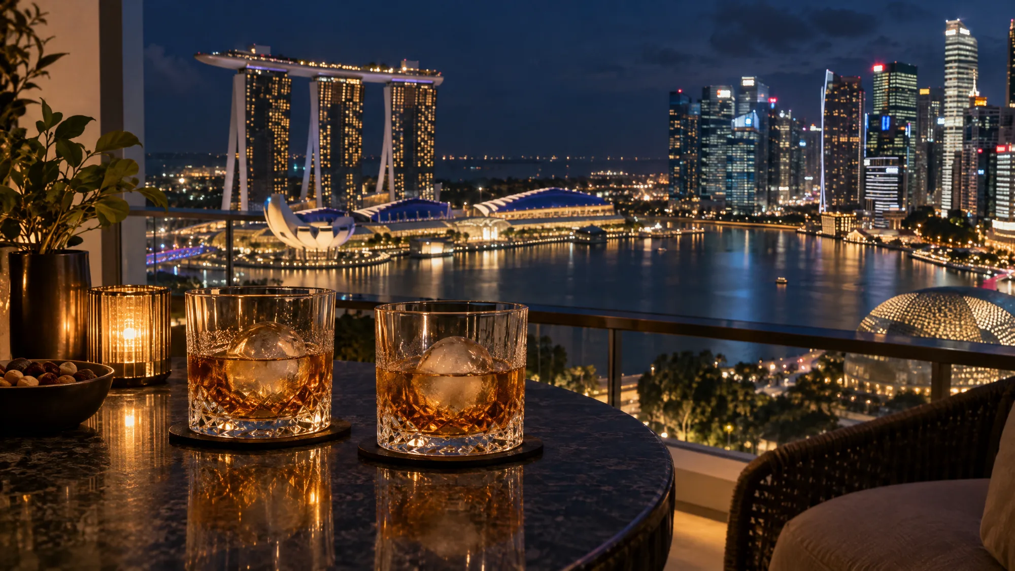 Two glasses of whisky, each over a large ice sphere, on a round table on a high-rise balcony at night, with a lit candle, a bowl of nuts and the Marina Bay skyline across the water.