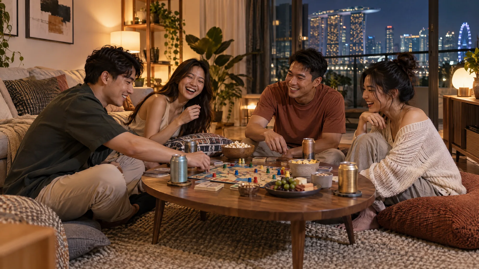 Four friends laughing over a board game on a low wooden coffee table with canned drinks, popcorn and snacks, sitting on floor cushions in a living room with a night skyline view.