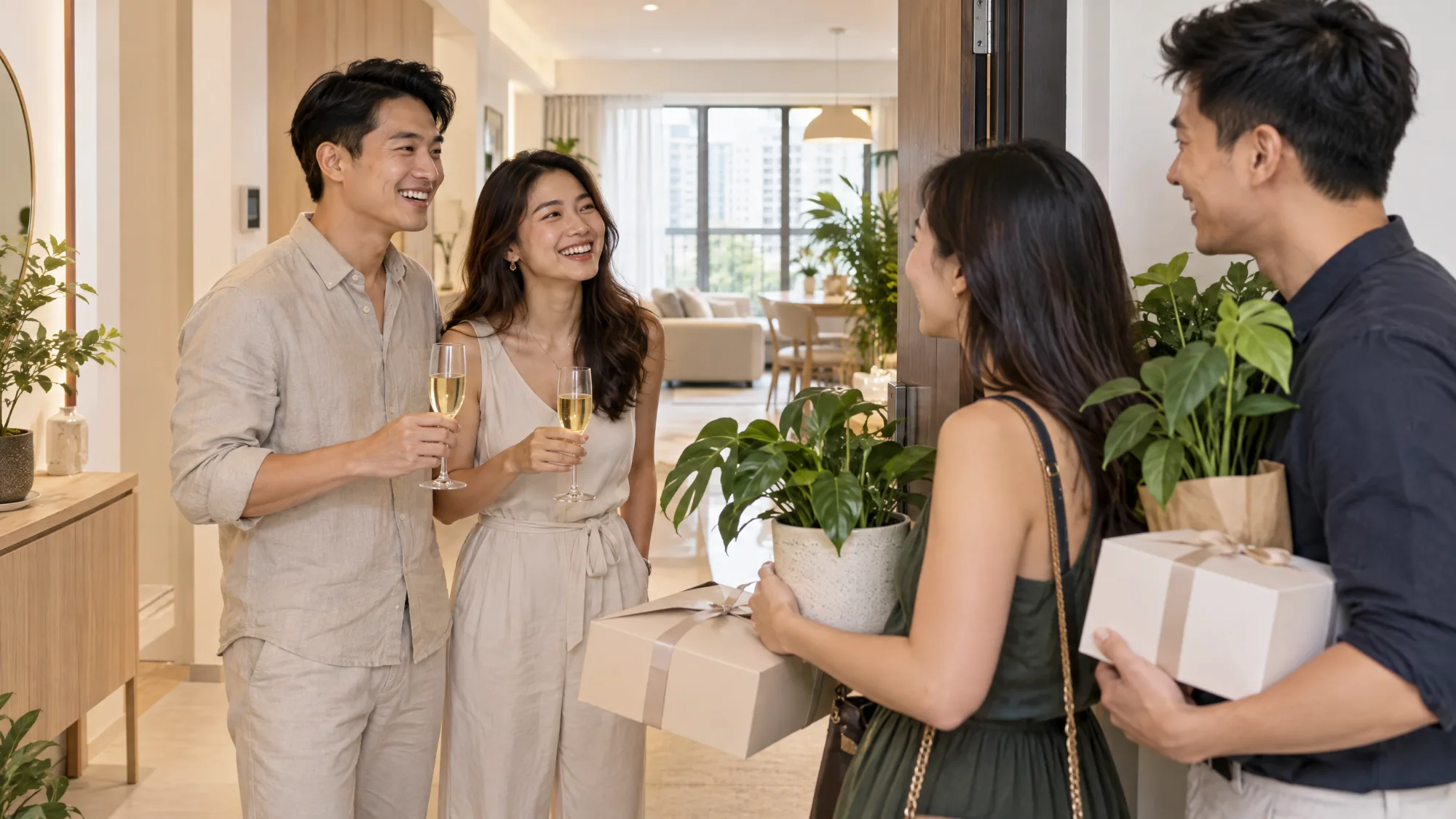 Two hosts holding flutes of sparkling wine greet two arriving guests who carry a potted plant and a gift box, in the bright entrance of a newly furnished flat.