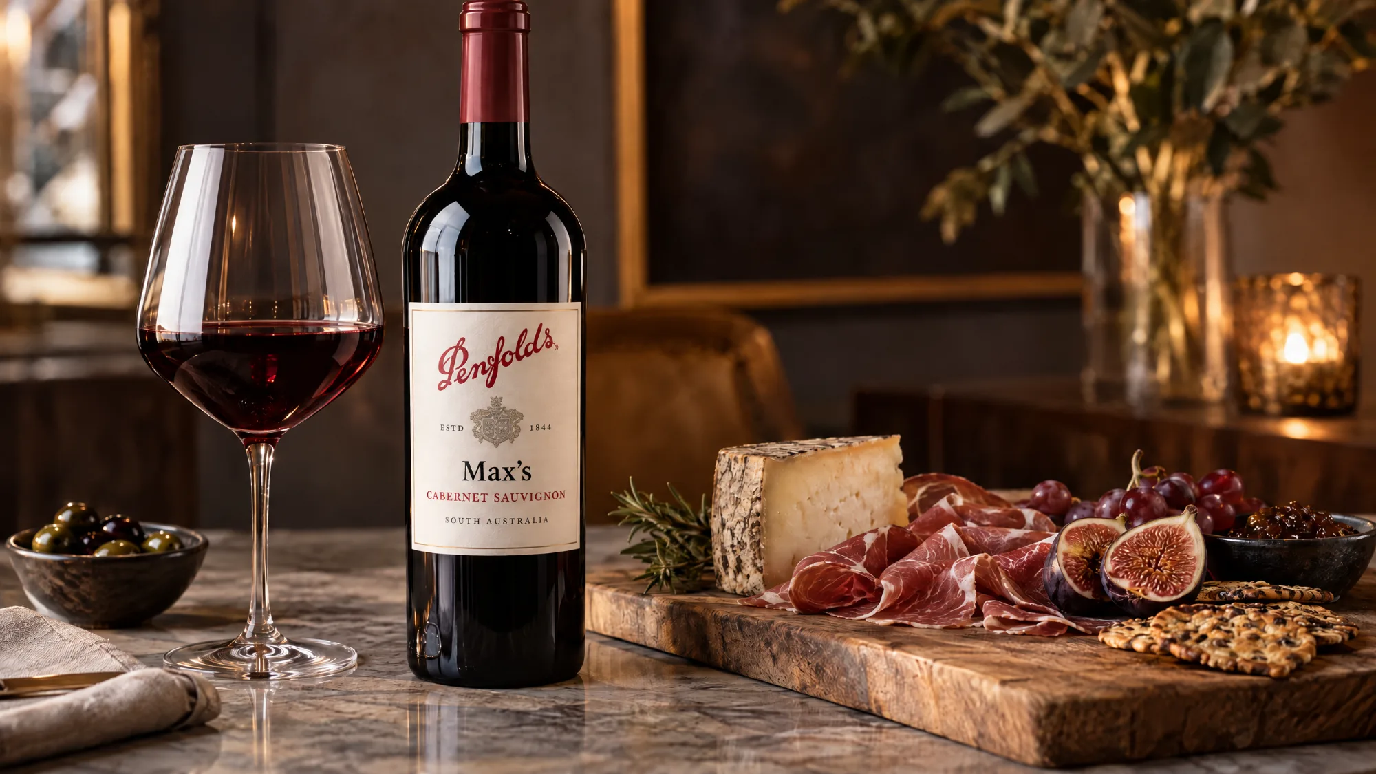 A bottle of Penfolds Max's Cabernet Sauvignon beside a glass of red wine, with a wooden board of cheese, cured ham, figs, grapes and crackers on a marble table.