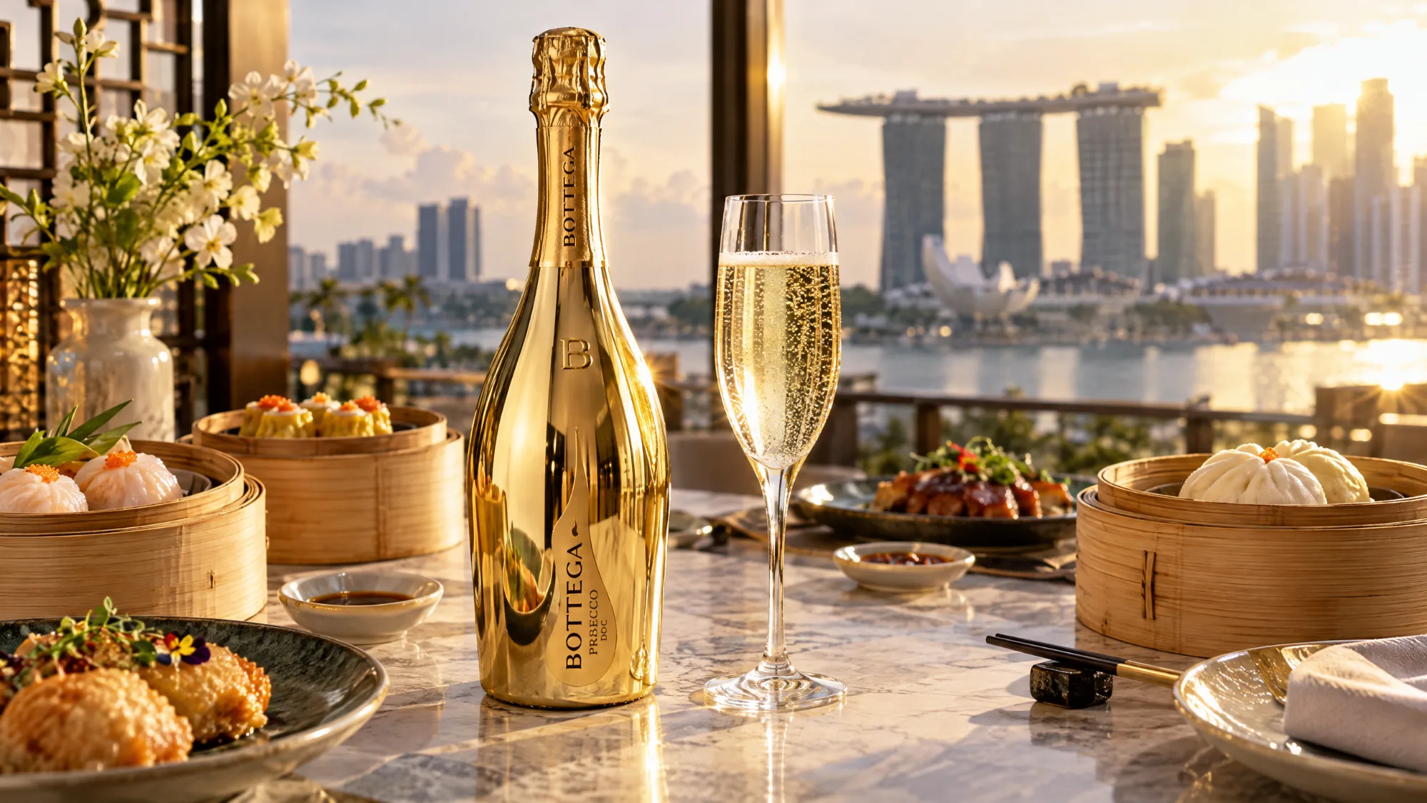 A gold bottle of Bottega Prosecco beside a flute of sparkling wine on a marble table set with bamboo steamers of har gao, siew mai and char siu baos, with the Marina Bay skyline at sunset behind.