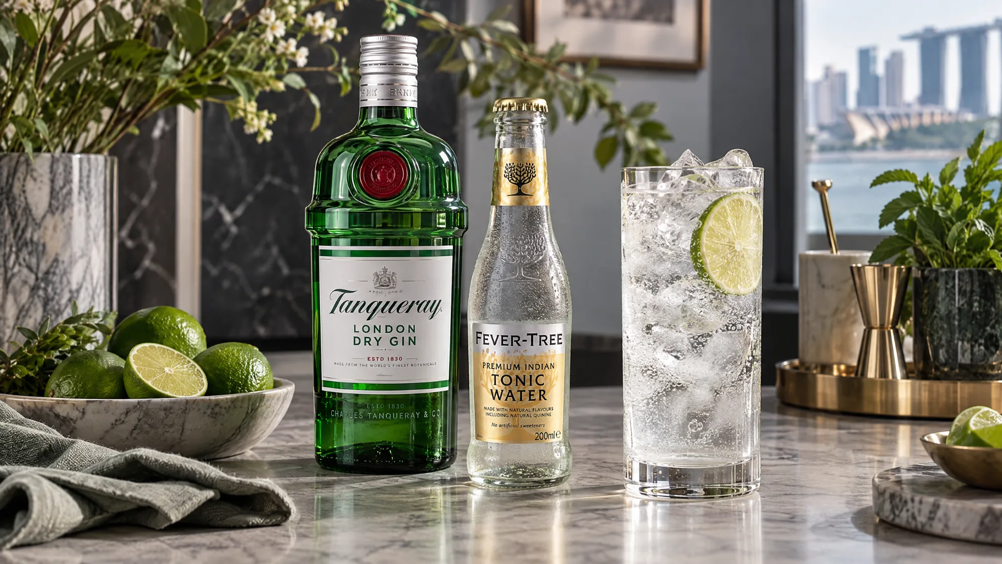 A bottle of Tanqueray London Dry Gin beside a bottle of Fever-Tree Premium Indian Tonic Water and a tall glass of gin and tonic with ice and a lime slice, on a marble counter with a bowl of limes and a view of the Marina Bay skyline behind.