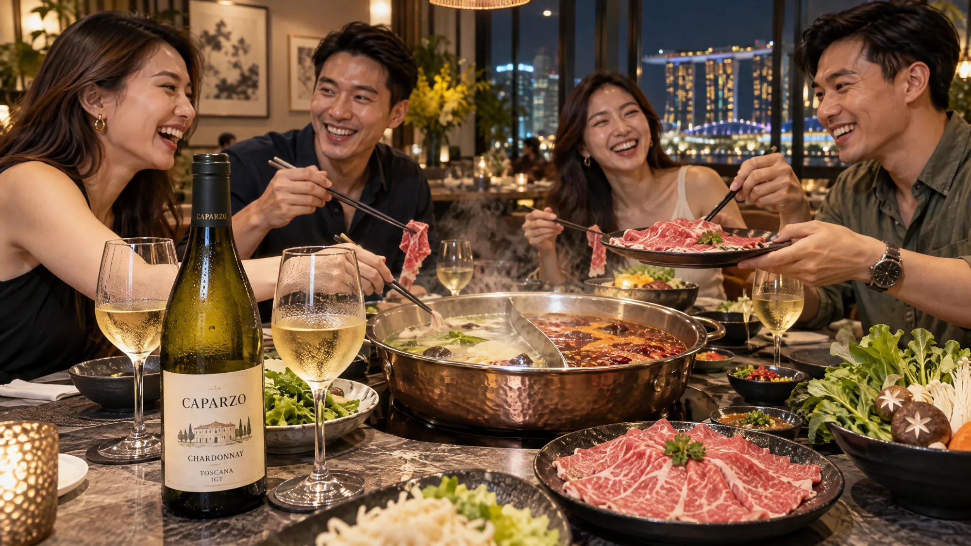 A bottle of Caparzo Chardonnay and glasses of white wine on a marble table around a divided hot pot, with plates of sliced beef, mushrooms and greens, while four friends laugh and pick up food with chopsticks, with Marina Bay Sands lit up at night behind the window.