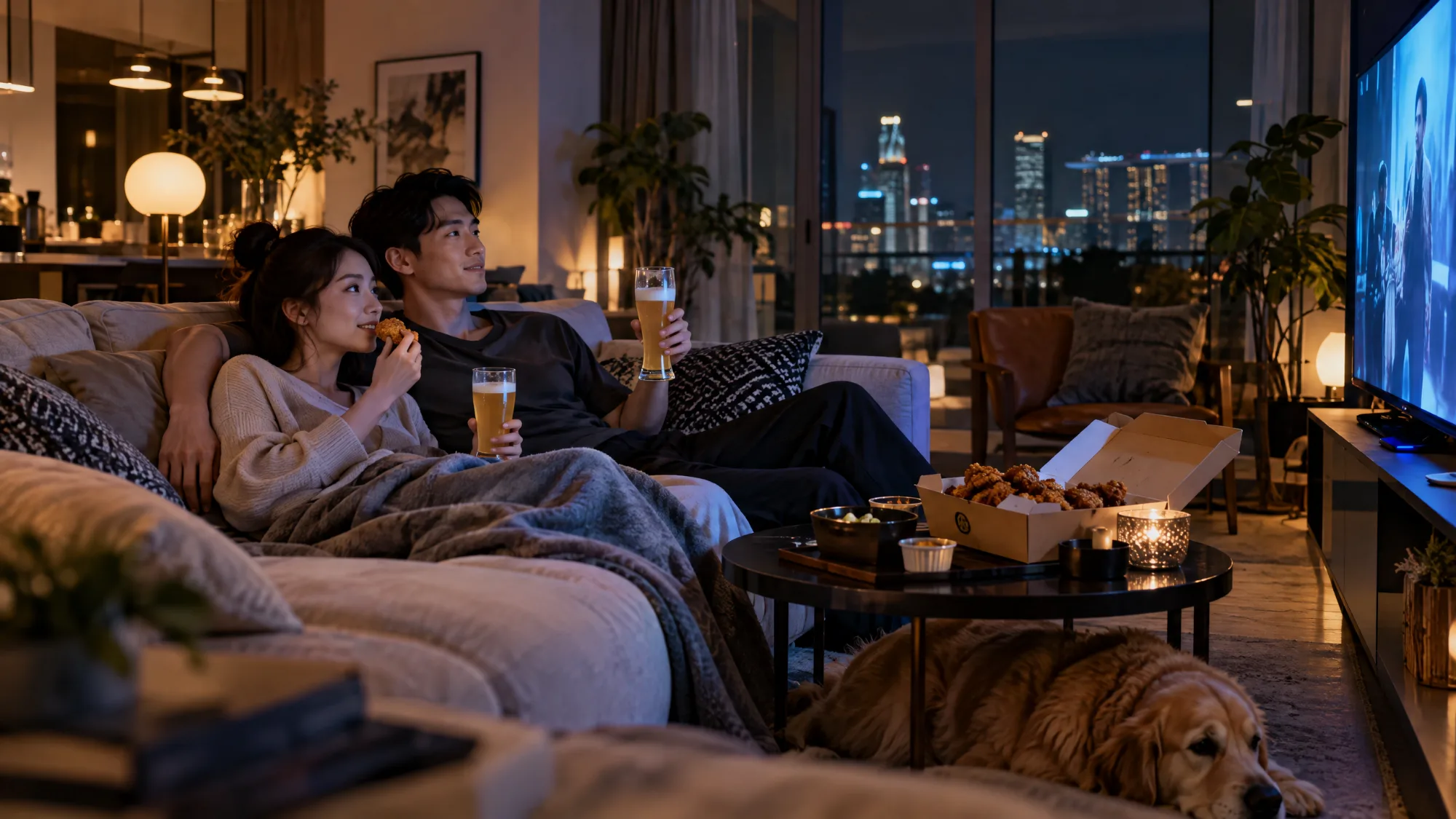 A couple under a blanket on a sofa watching TV at night with glasses of wheat beer and a box of fried chicken, a dog asleep on the rug and the city skyline in the window.