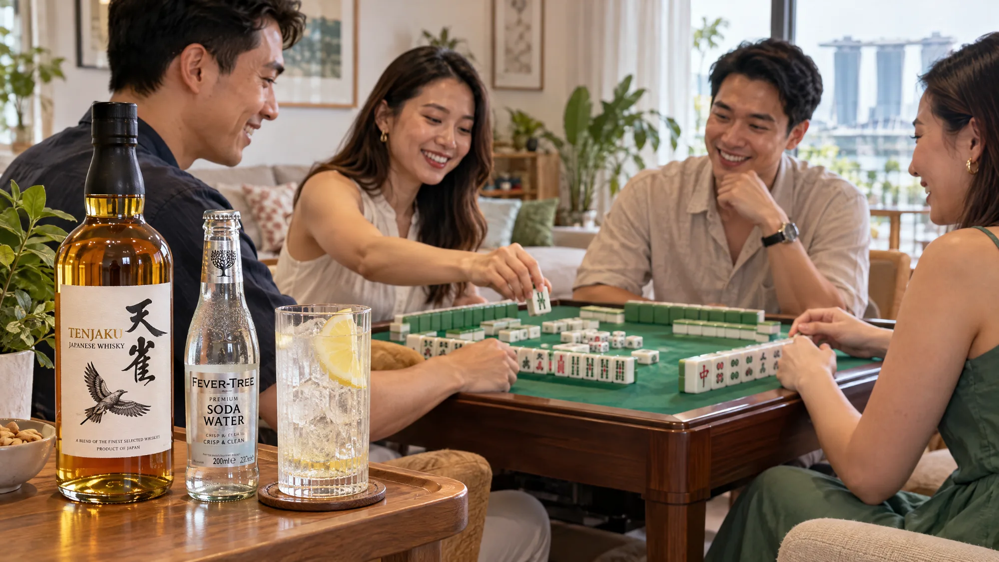 A bottle of Tenjaku Japanese Whisky, a bottle of Fever-Tree Premium Soda Water and a highball glass with ice and a lemon slice on a wooden side table, while four friends play mahjong at a green-topped table in a bright living room.