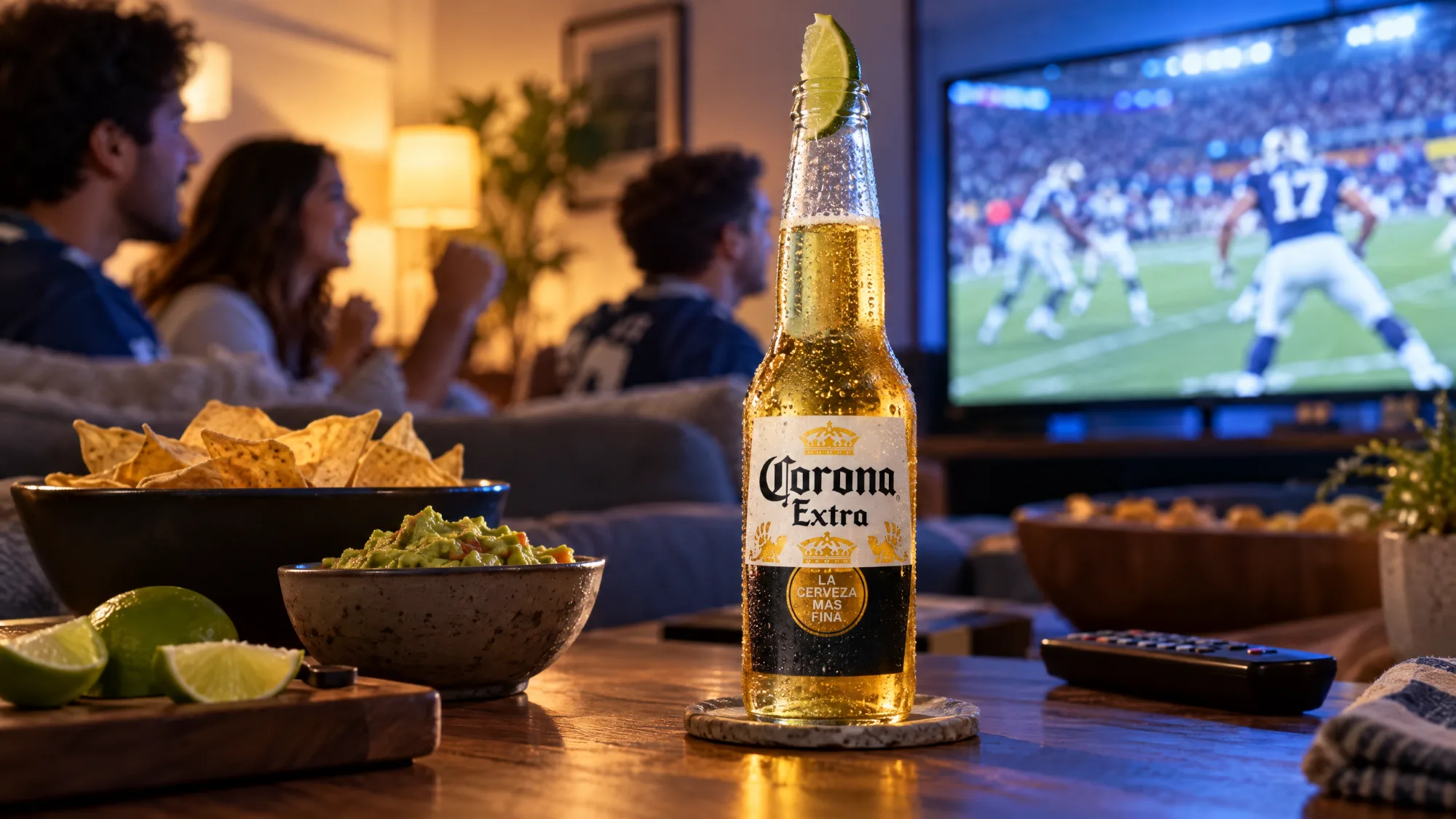 A bottle of Corona Extra with a lime wedge in its neck on a wooden coffee table, beside a bowl of tortilla chips, a bowl of guacamole and cut limes, with friends watching a match on the television behind.