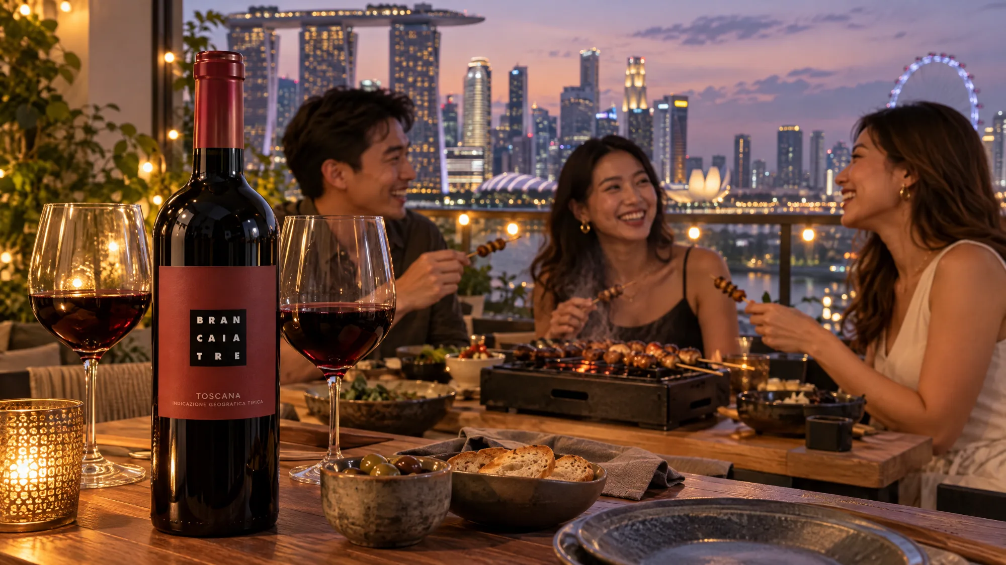 A bottle of Brancaia Toscana Tre Rosso beside two glasses of red wine on a wooden balcony table, with bowls of olives and bread, while three friends eat skewers from a tabletop grill, with the Marina Bay skyline at dusk behind.