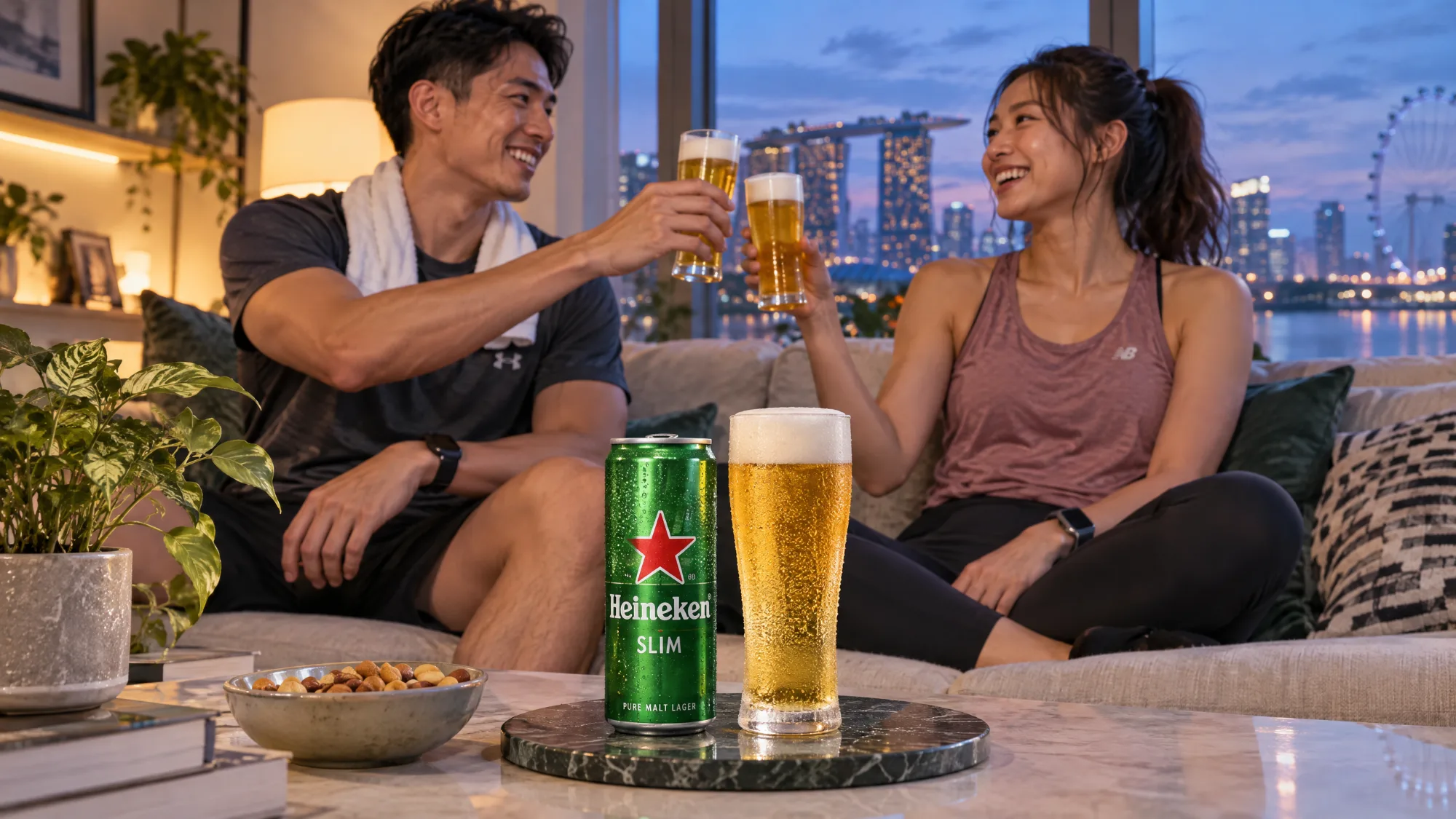 A can of Heineken Slim beside a glass of lager on a marble tray on a coffee table, with a bowl of mixed nuts, while a man in sportswear with a towel round his neck and a woman in a workout top toast with beer glasses on a sofa, with the Marina Bay skyline at dusk behind.