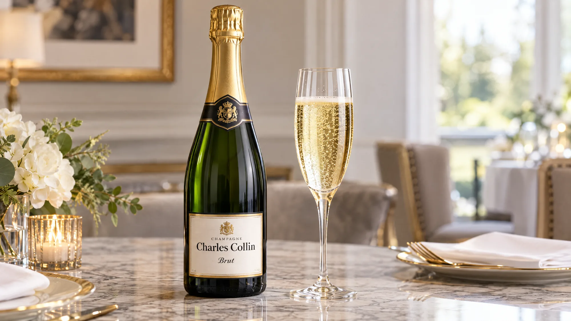 A bottle of Charles Collin Brut champagne beside a filled flute on a marble table, with white flowers, a candle and gold-rimmed plates in a bright dining room.