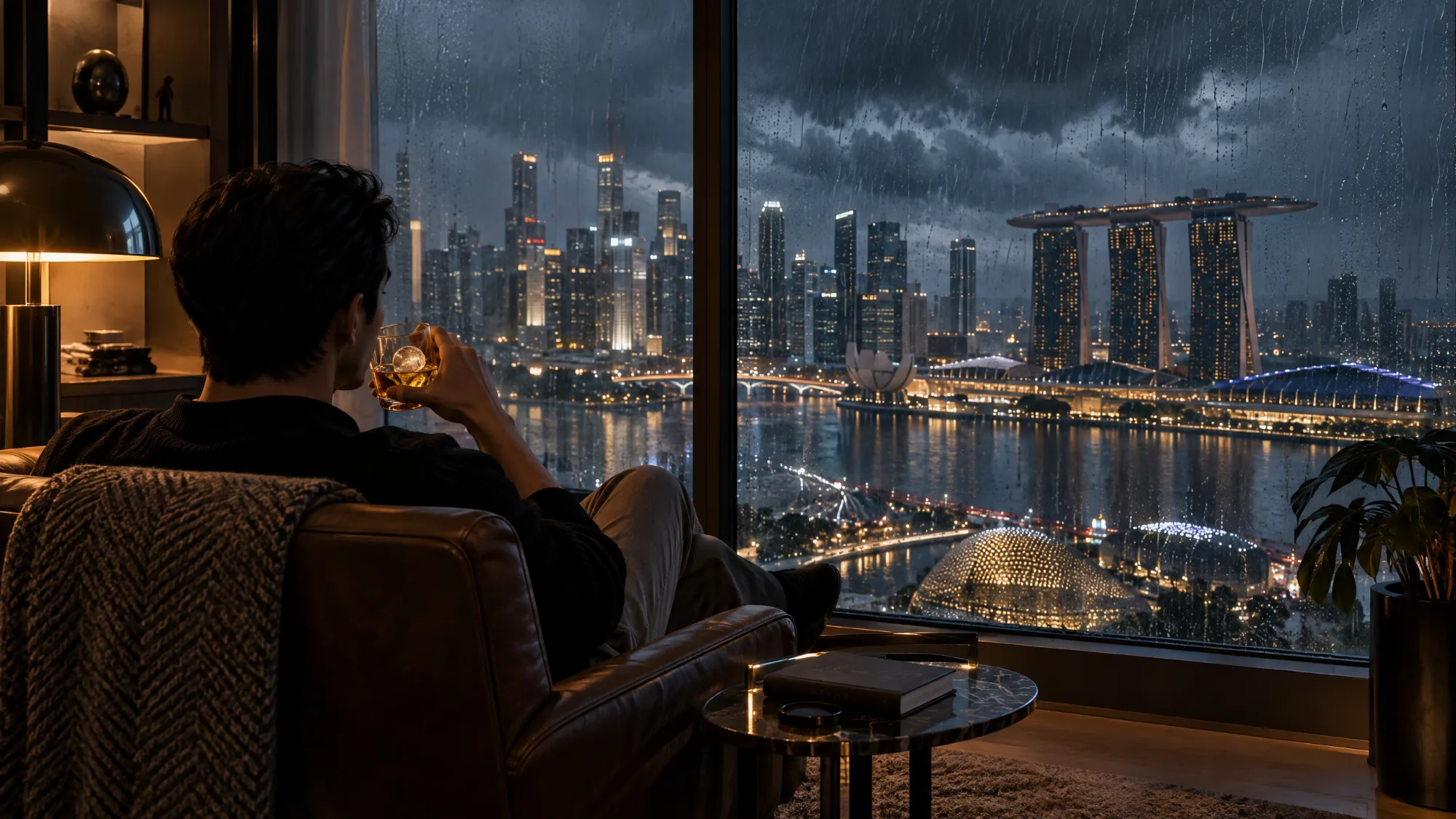 A man in a leather armchair sipping whisky from a glass with a large ice sphere, watching rain fall over the Marina Bay skyline at night.