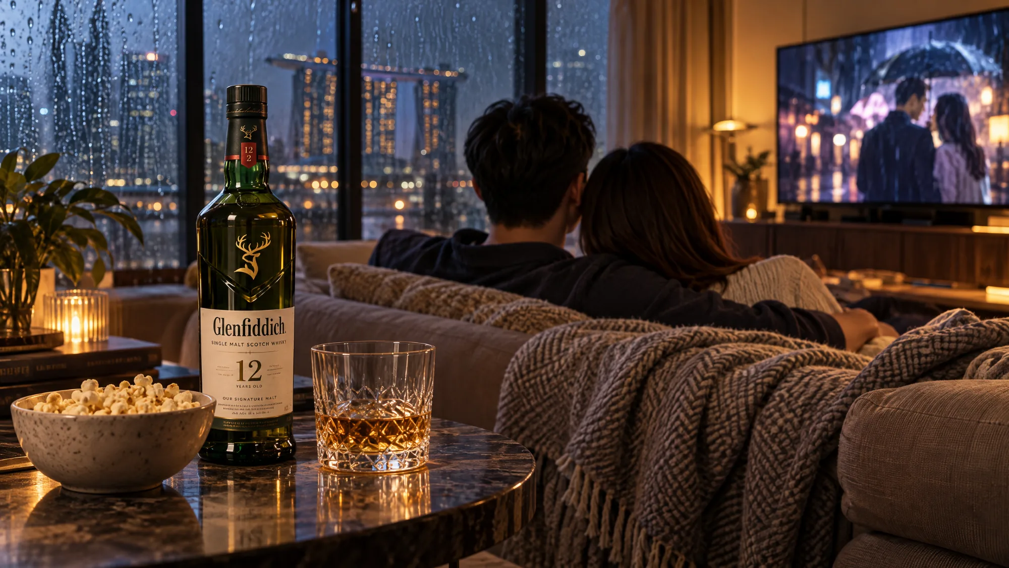 A bottle of Glenfiddich 12 Year Old single malt, a glass of whisky and a bowl of popcorn on a marble table, while a couple under a woven throw watch a film on a large television, with rain on the window and the Marina Bay skyline outside.
