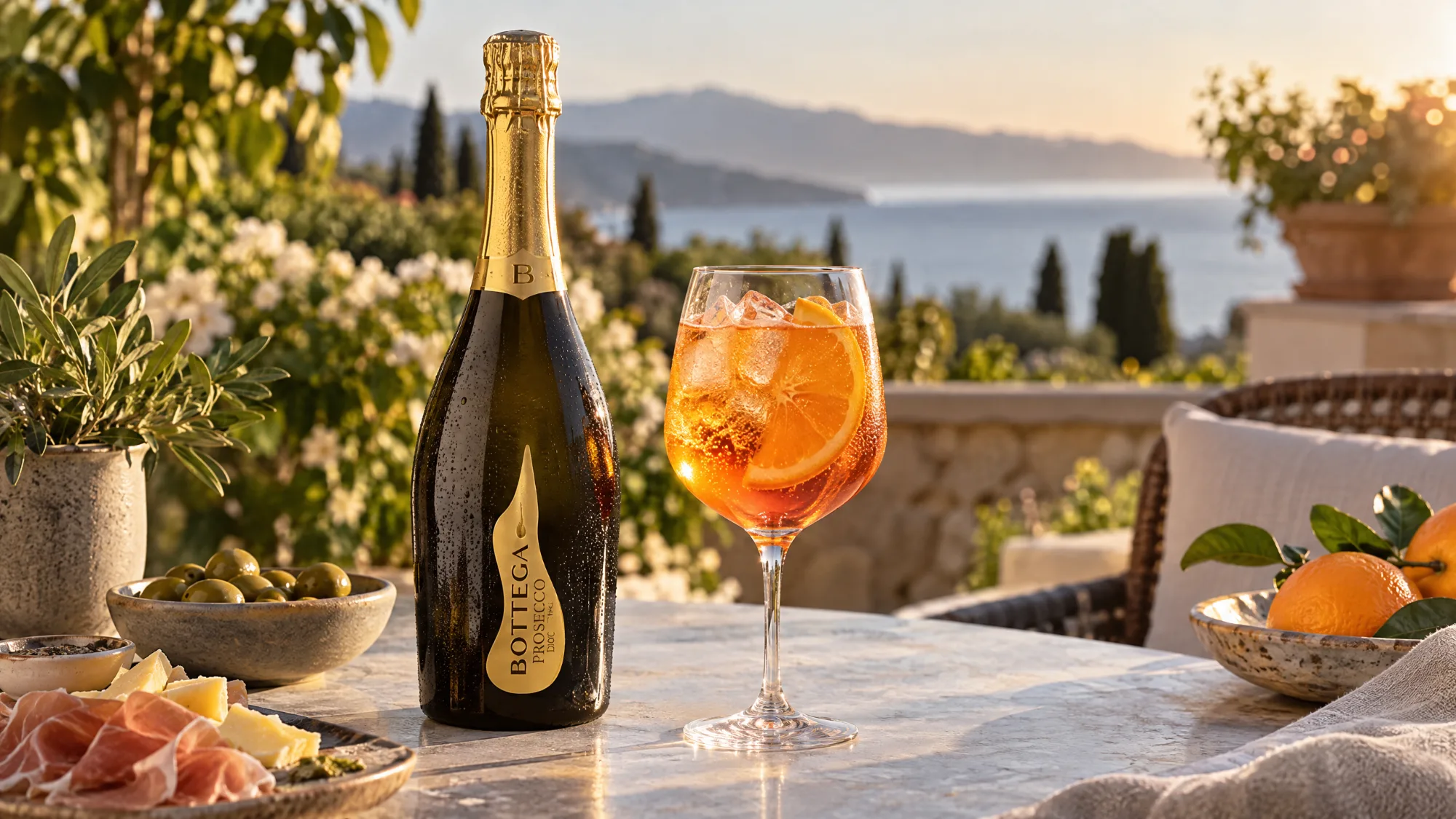 A bottle of Bottega Prosecco beside a glass of orange spritz with ice and an orange slice on a stone terrace table, with olives, cured ham and cheese, oranges, and a hillside and sea view at sunset.