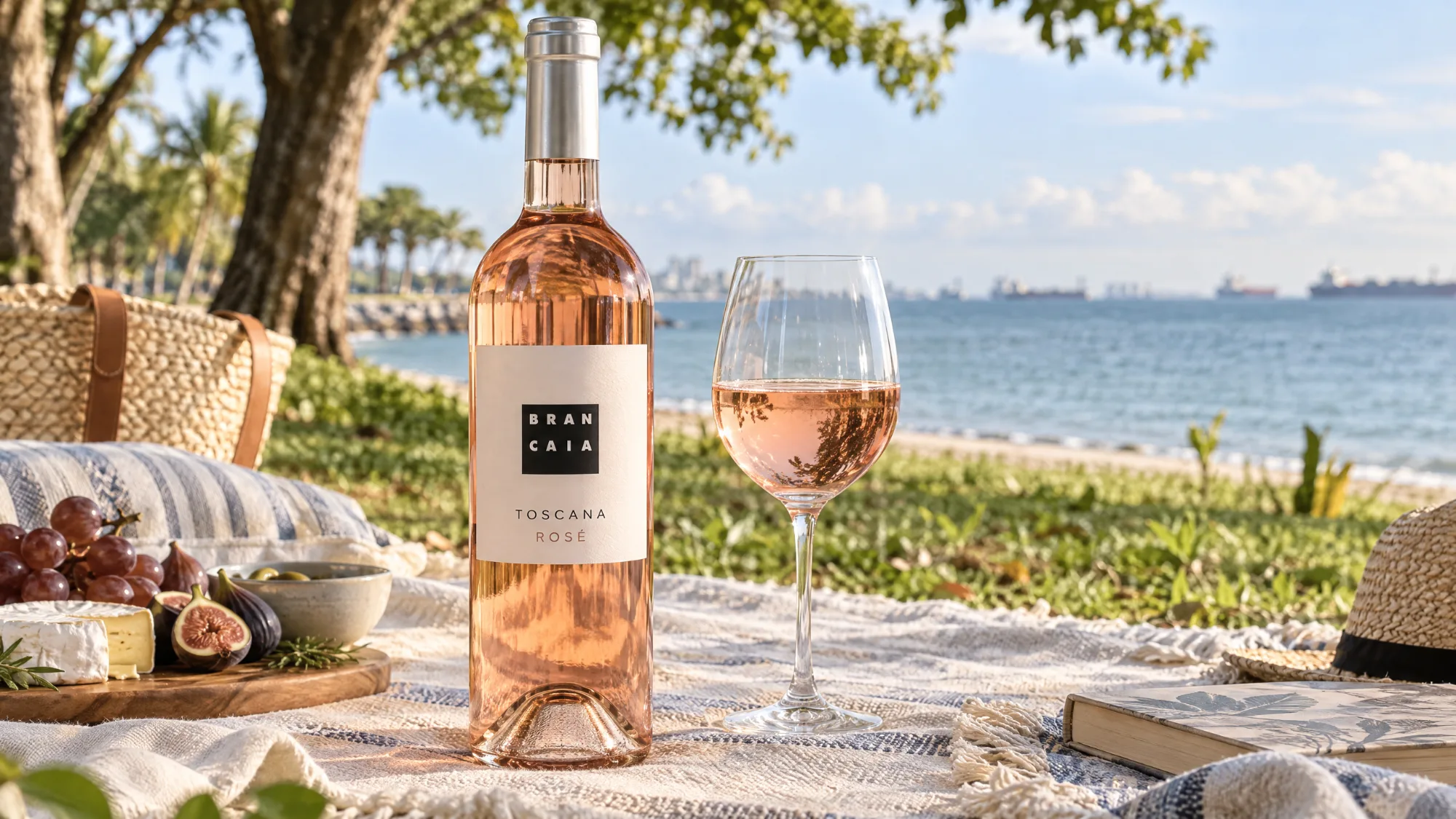 A bottle of Brancaia Toscana Rosé beside a glass of rosé on a woven picnic blanket by the sea, with a cheese board of brie, figs and grapes, a straw bag and a straw hat, and ships on the horizon.
