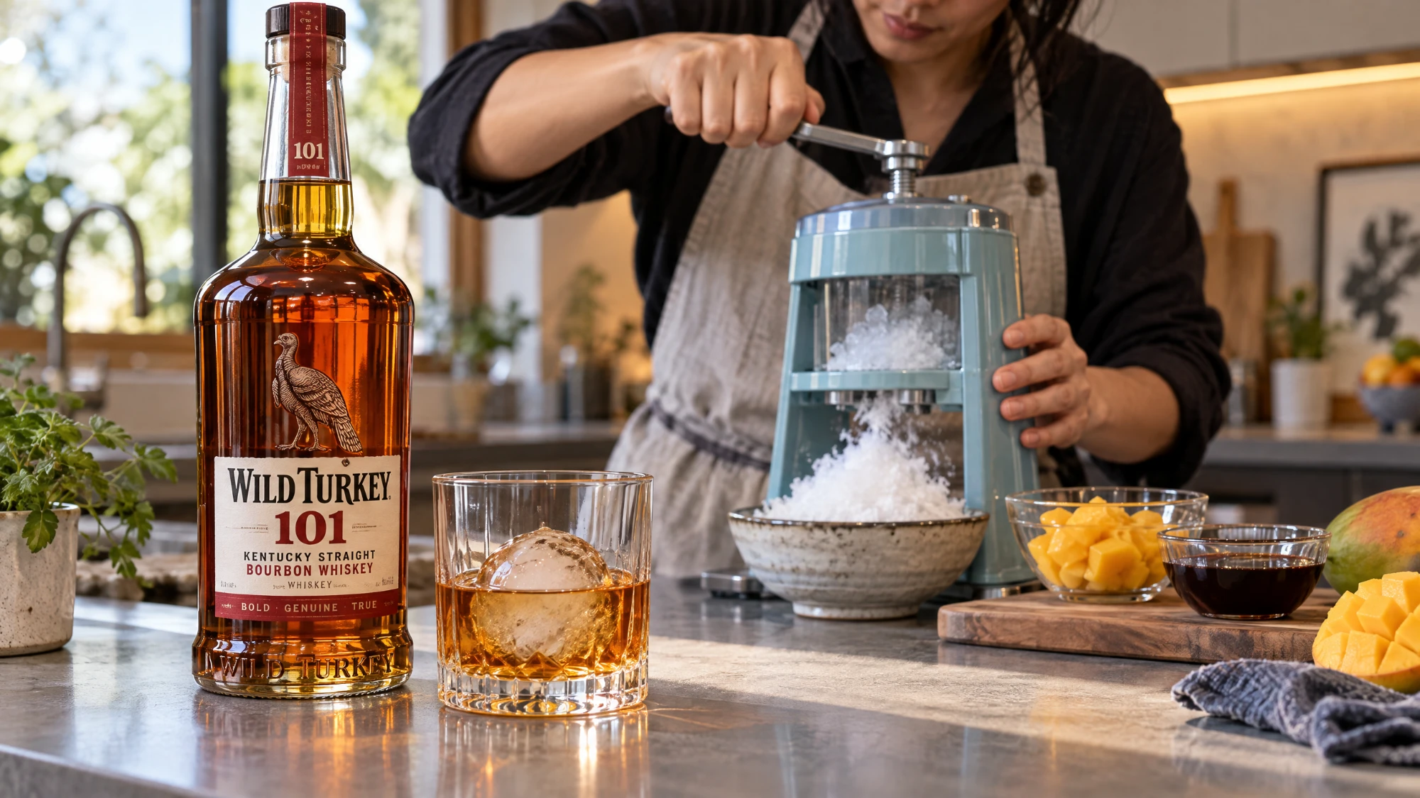 A bottle of Wild Turkey 101 Kentucky Straight Bourbon and a glass of bourbon over a large ice ball on a kitchen counter, while a person turns a hand-crank shaved ice machine into a ceramic bowl, beside bowls of diced mango and dark syrup and a halved mango.