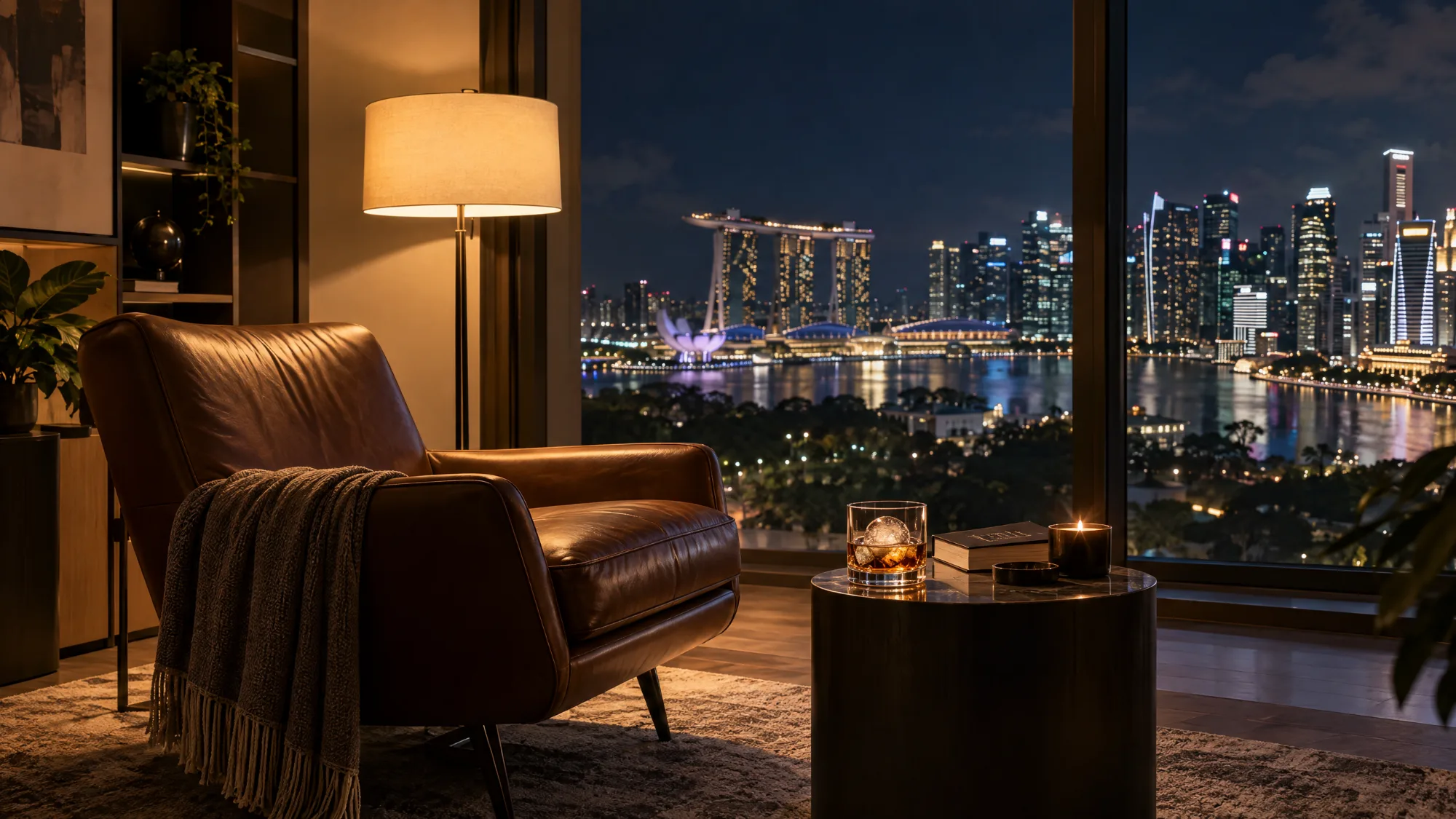 A leather armchair by a floor-to-ceiling window at night, with a glass of whisky over a large ice sphere, a book and a lit candle on a round side table, and the city lit up outside.