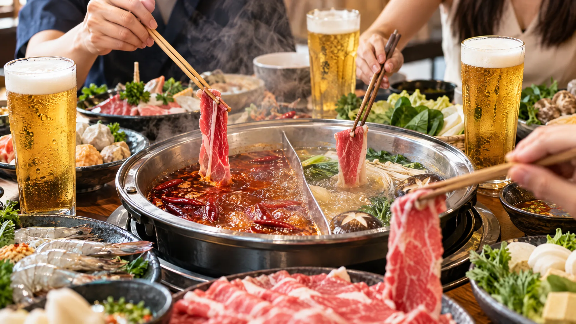 Chopsticks lifting slices of beef from a split steamboat pot of red chilli broth and clear broth, with tall glasses of cold beer and plates of seafood, vegetables and mushrooms around the table.