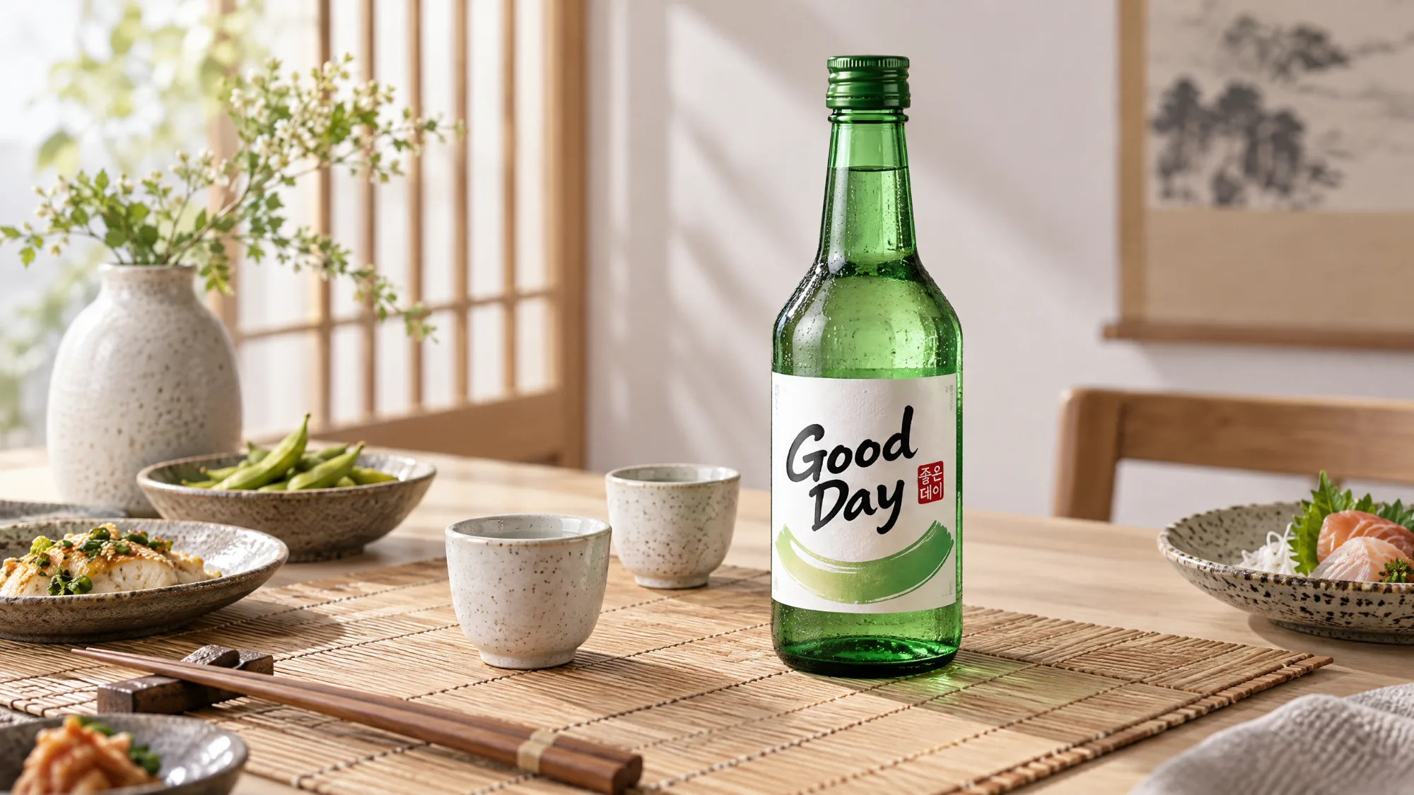 A green bottle of Good Day Soju on a bamboo placemat between two ceramic cups, with chopsticks, a bowl of edamame, a plate of salmon sashimi and a vase of white blossoms beside a wooden screen.